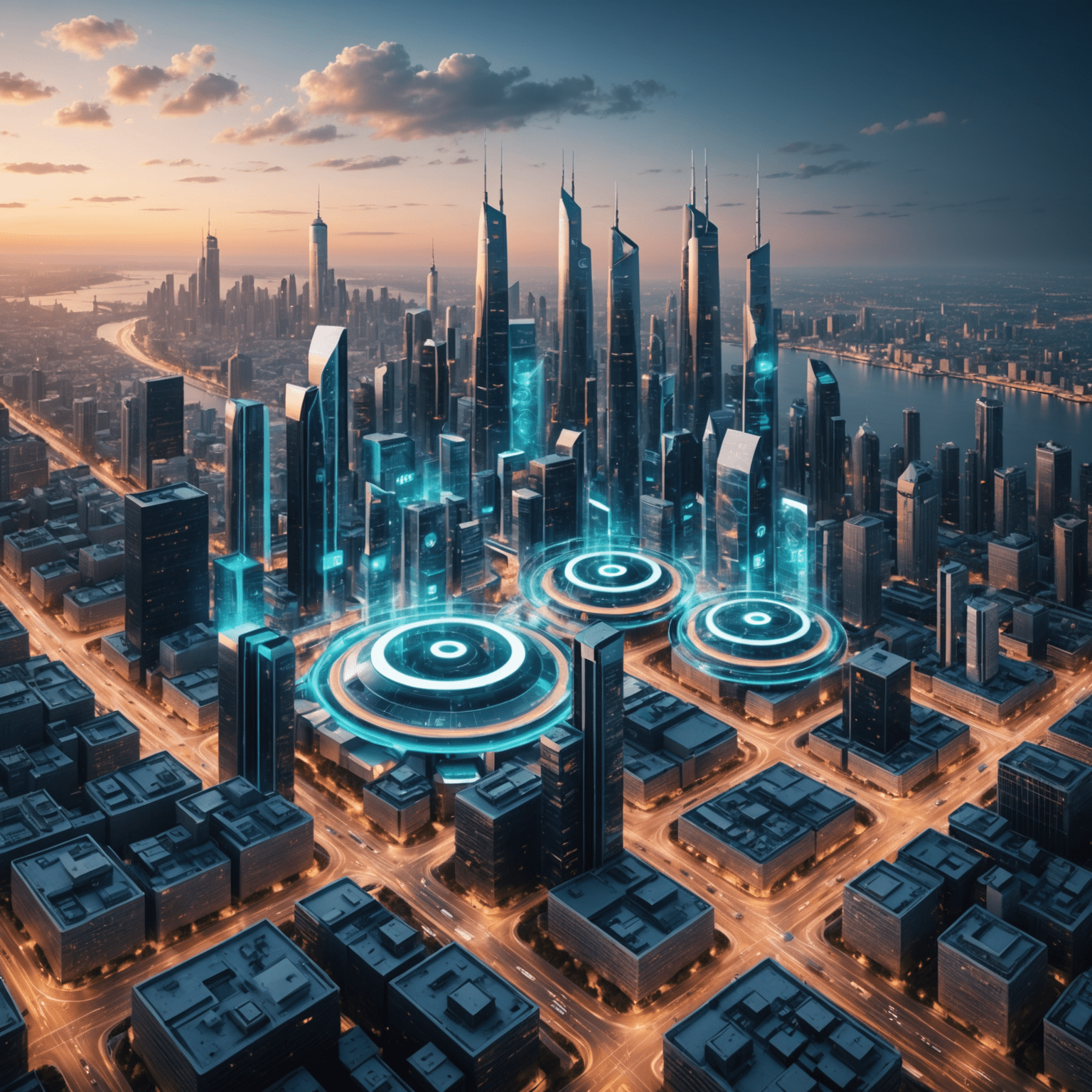 A futuristic cityscape with visible 5G network waves connecting various smart devices and infrastructure, showcasing the interconnectedness of 5G technology