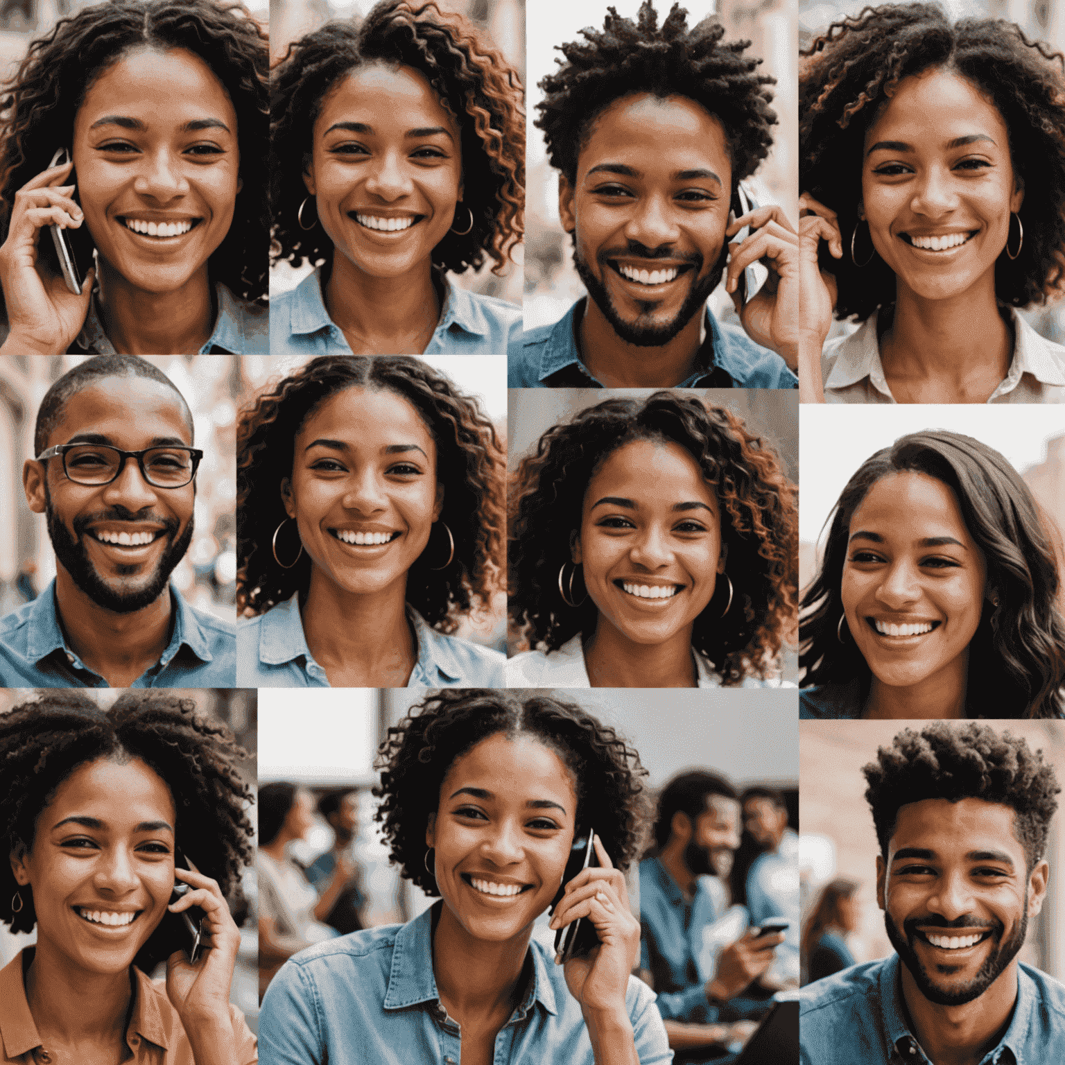 A collage of diverse people smiling while talking on their mobile phones, showcasing the joy and satisfaction of using our voice plans