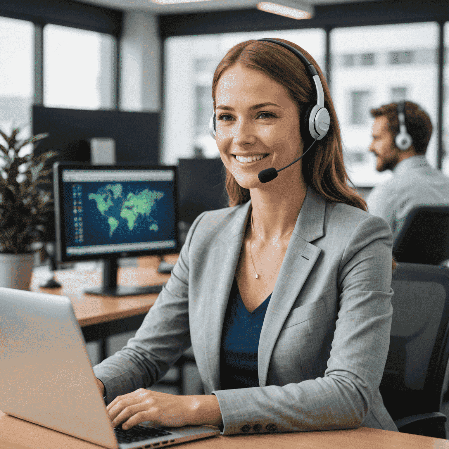 A friendly customer support representative wearing a headset and smiling, sitting at a desk with a computer screen showing mobile communication-related information