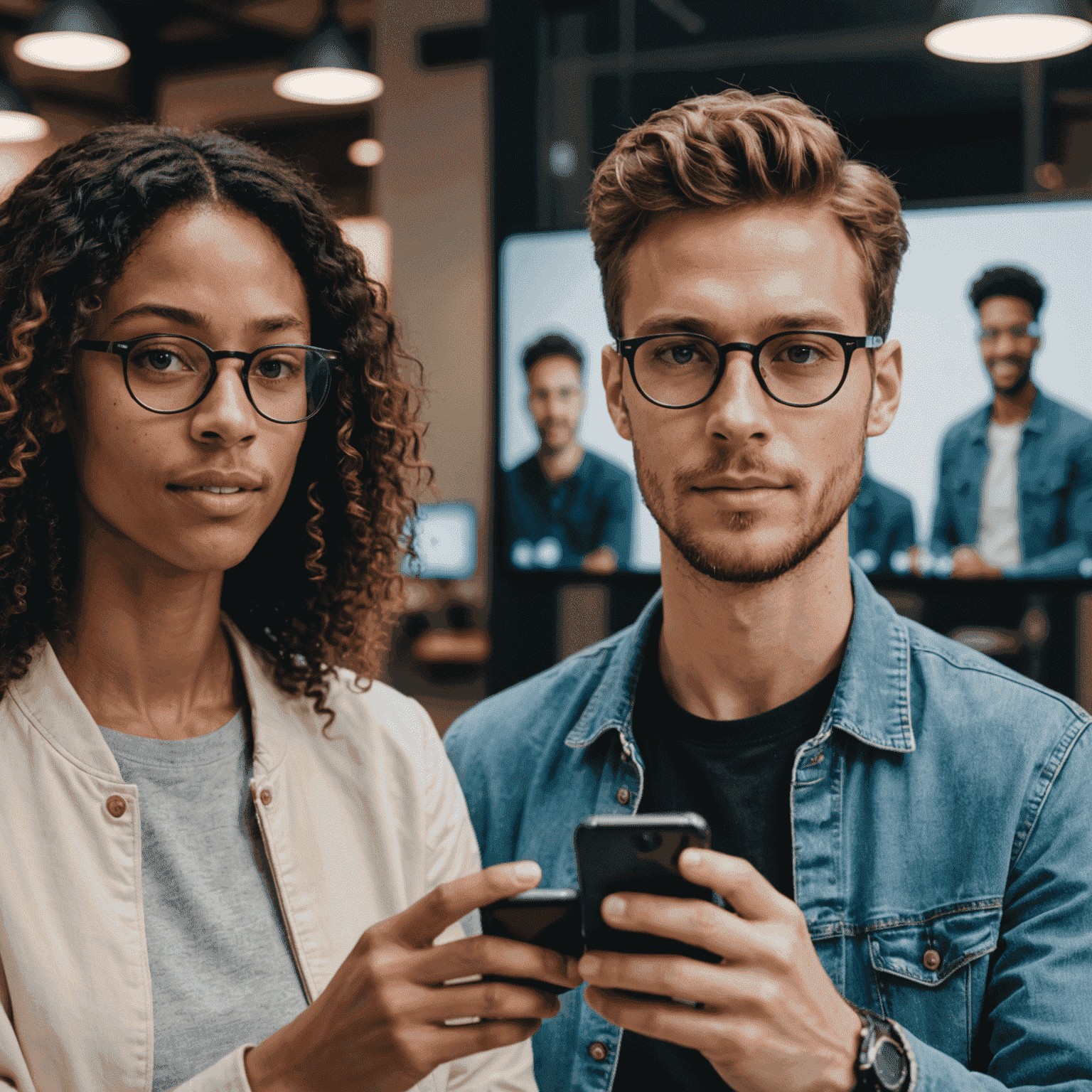 Split screen showing a person using a smartphone for a video call and another engaging in an augmented reality experience, both powered by 5G technology