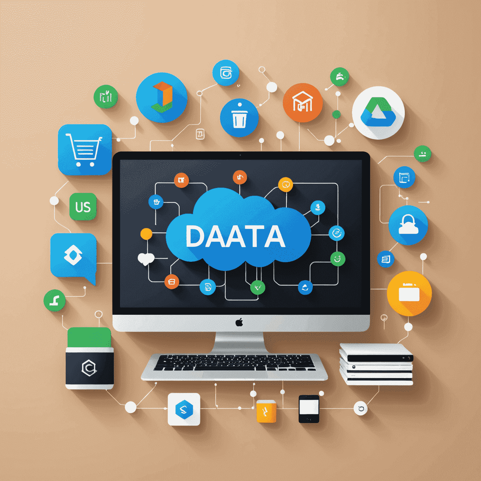 A visual representation of data packages with icons for streaming, browsing, and downloading