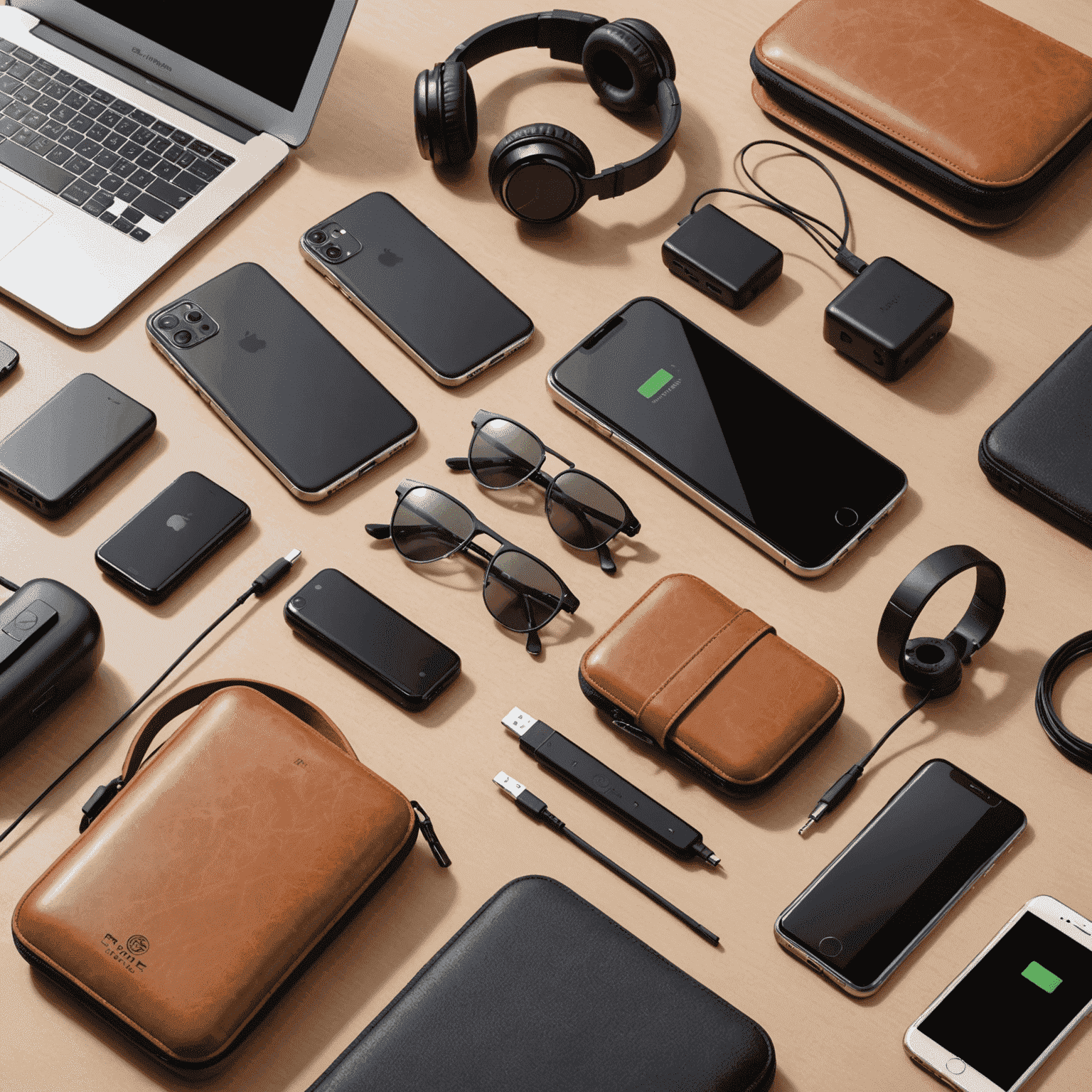 An array of mobile accessories including headphones, cases, chargers, and screen protectors