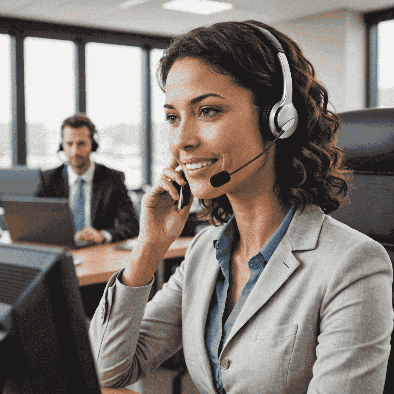 A friendly customer support representative assisting a client via headset