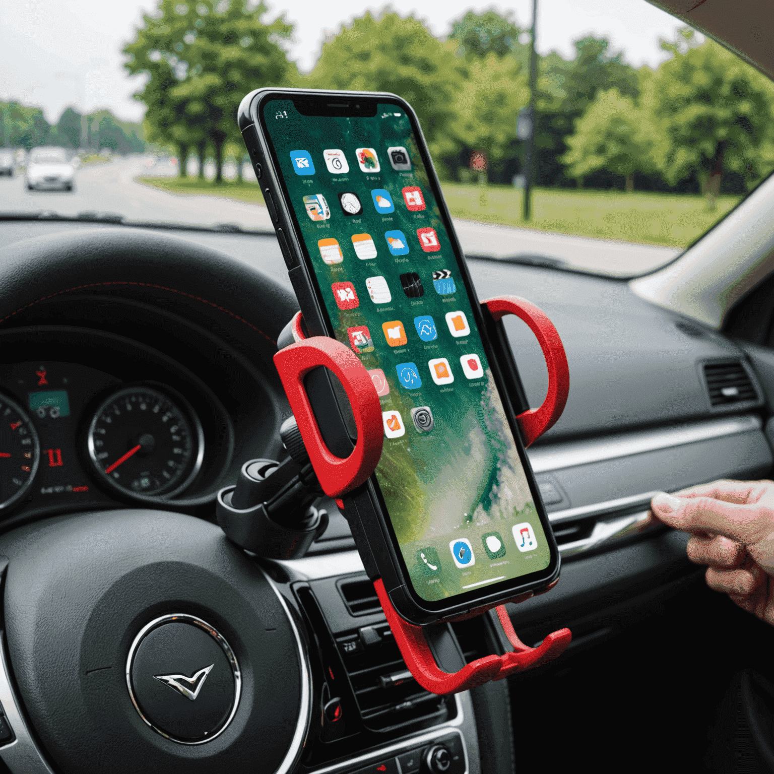 Adjustable car mount for smartphones in black and red design